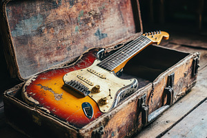 Vintage electric guitar rests in a w, a Photo by Tanuart