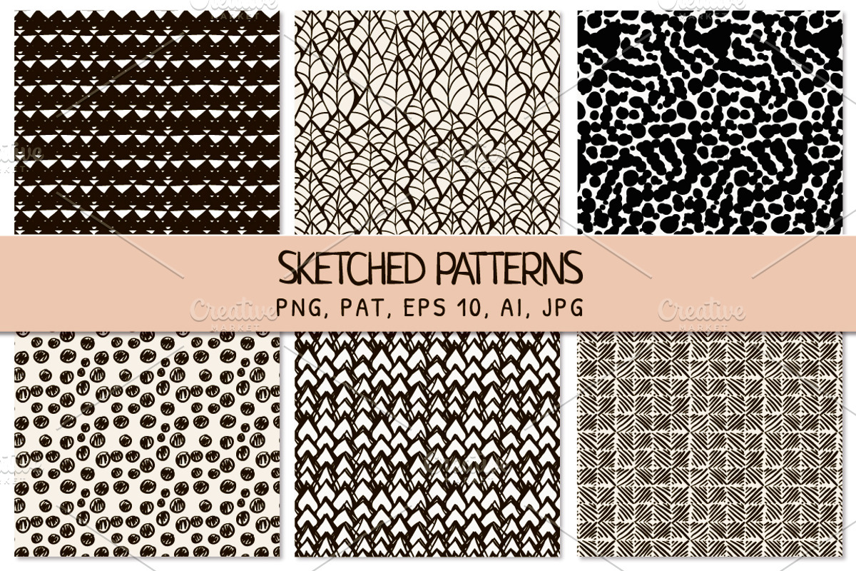 6 Black Sketched Seamless Patterns, a Pattern Graphic by Olya Creative (Photo 1 of 5)