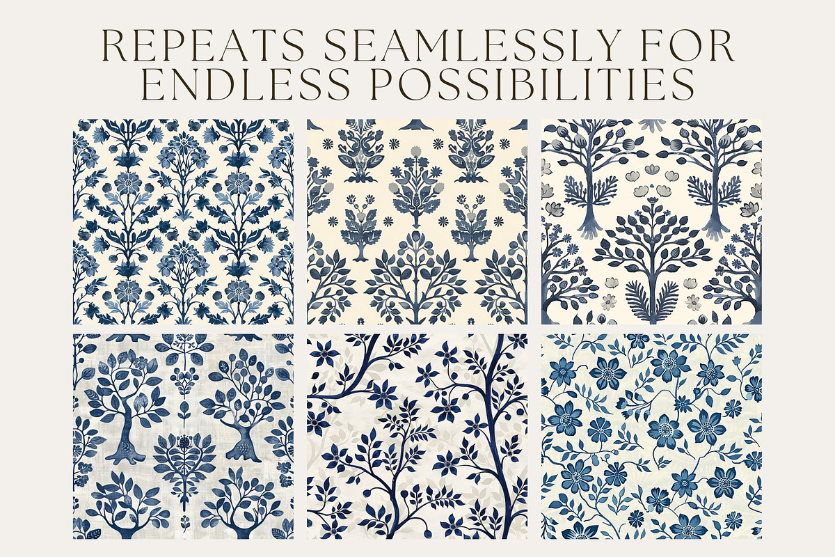 8 Indigo Flora Block Print Patterns, a Pattern Graphic by Inknfolly