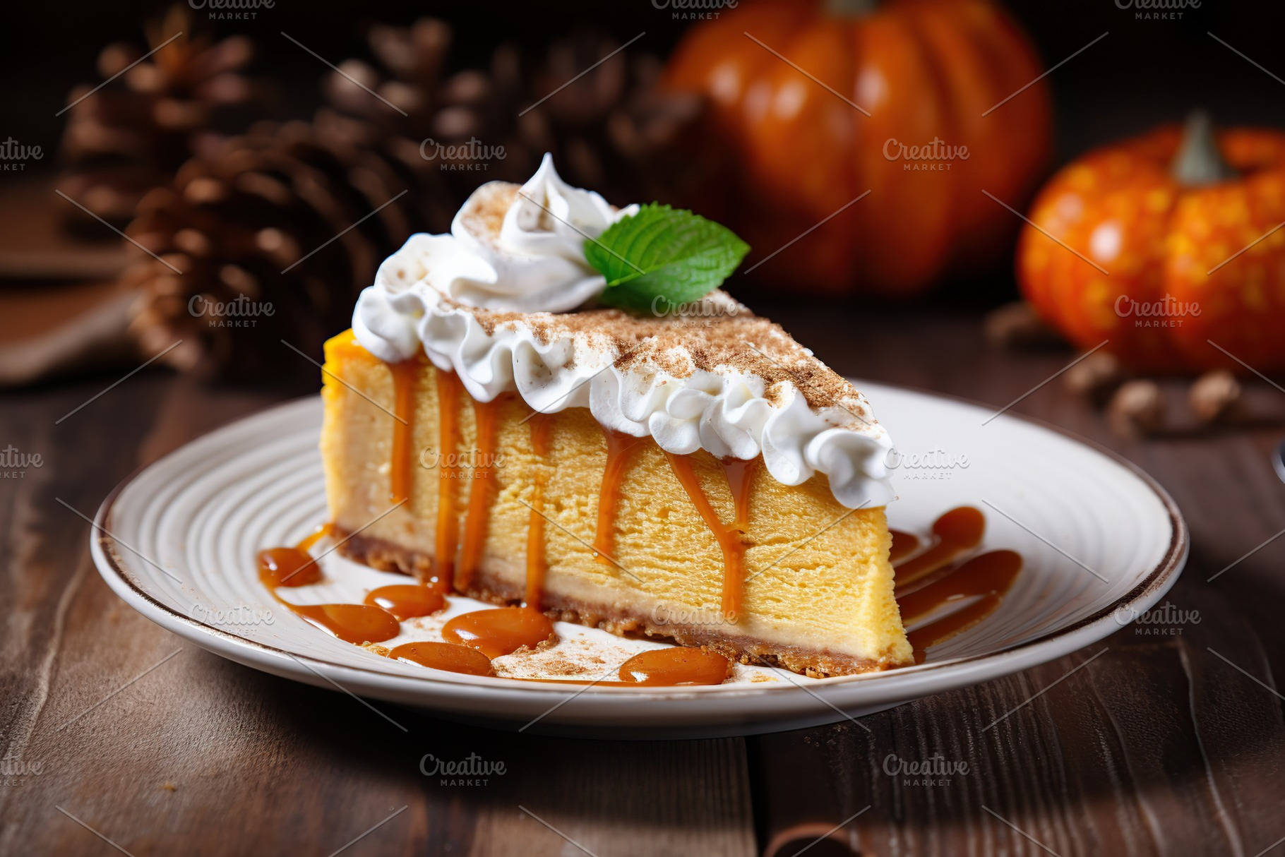 Slice of pumpkin cheesecake with whipped cream on wooden background, a Food & Drink Photo by AlyaAnd