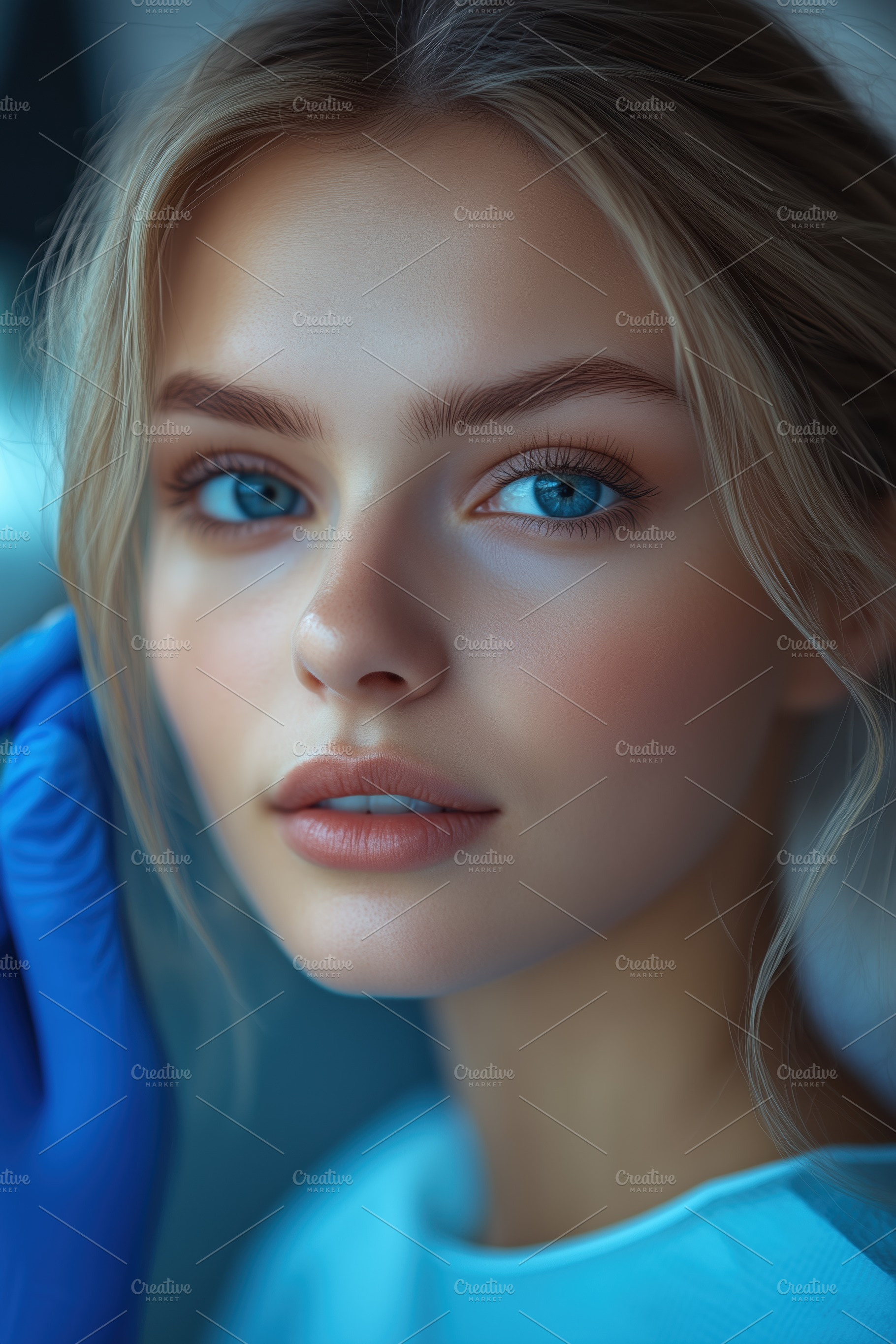 A close-up portrait of a young woman esthetic technologist with blue eyes and l, a Person Photo by Textures & Backgrounds