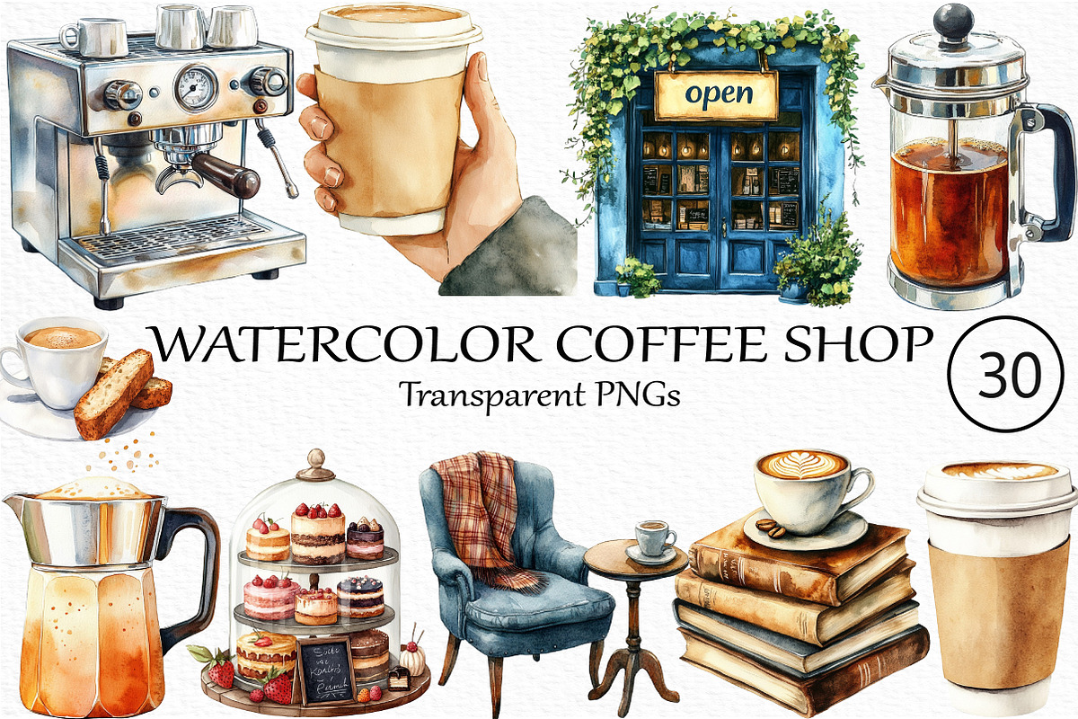 Watercolor Coffee Shop Clipart, an Illustration by Craft Nest (Photo 1 of 5)