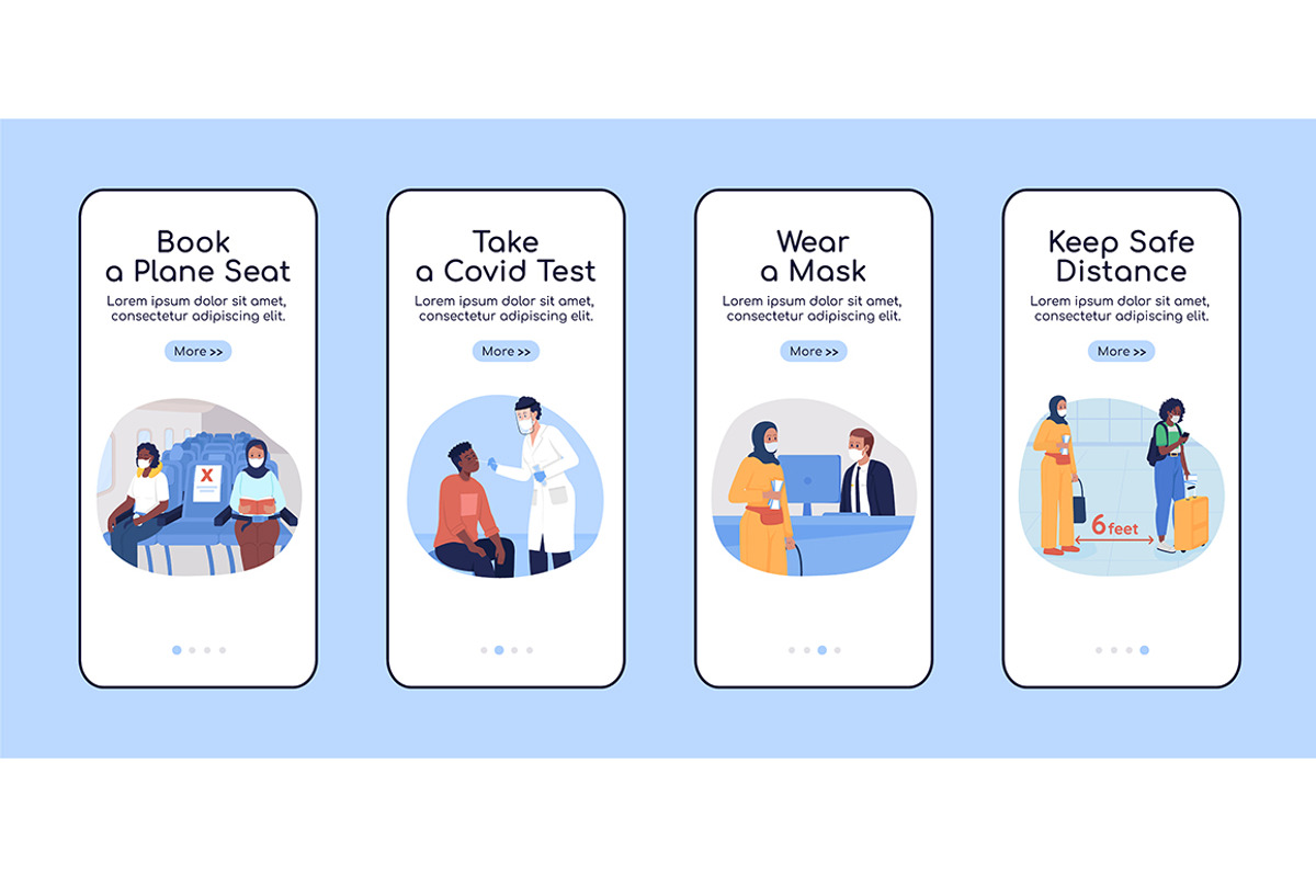 After covid travel mobile app pages, a Templates & Theme by IMG visuals characters