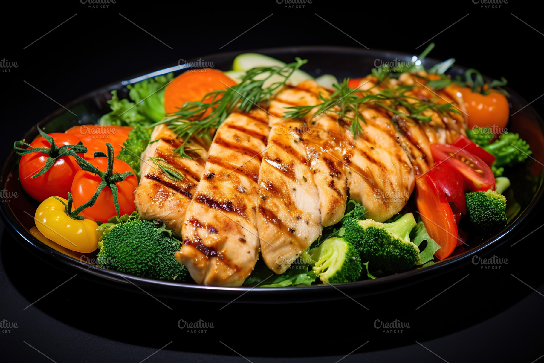 Chicken marinated fillet meat with vegetables on black background, a Food & Drink Photo by AlyaAnd
