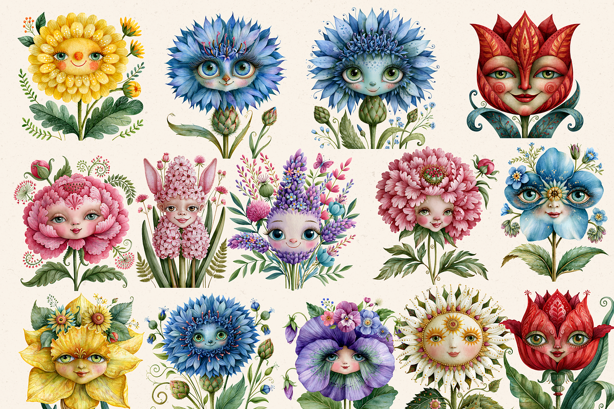 Surreal Flower Faces Clipart& Papers, a Seasonal Illustration by Daring Digies (Photo 4 of 11)