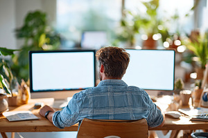 Young man working at a desk with dual monitors in a bright, plant-filled office, a Technology Photo by AlyaAnd