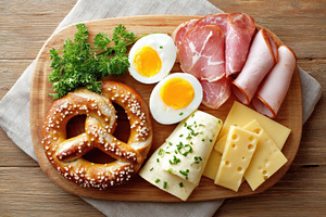 Delicious breakfast spread with pretzels and cheese, a Food & Drink Photo by AlyaAnd