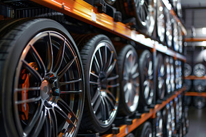 Car wheels with new tires on blurred garage background, a Transportation Photo by AlyaAnd