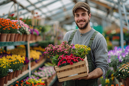 Young man with wooden crate gardening flowers in greenhouse, a Nature Photo by AlyaAnd