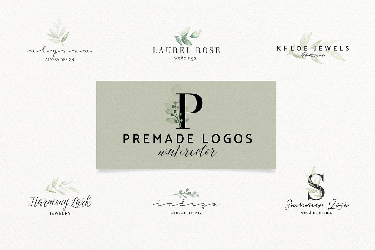 Premade Logos watercolor greenery, a Branding & Logo Template by Angele Kamp (Photo 1 of 10)