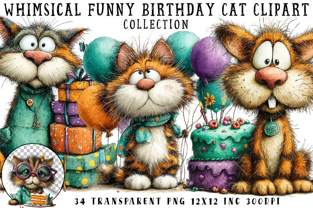 Whimsical Funny Birthday Cat Clipart, an Illustration by OK Design (Photo 1 of 6)