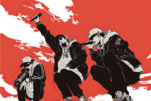 Three urban musicians performing energetically on a rooftop in bold illustratio, an Illustration by AS photostudio