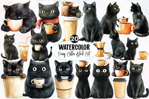 Funny Coffee Black Cat Clipart, an Illustration by Designworld