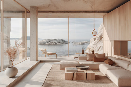 Modern living room with couch overlooking on ocean. Scandinavian, a Beauty & Fashion Photo by AlyaAnd