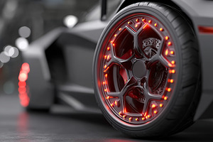 Close-up of a custom sports car wheel with illuminated accents in an urban sett, a Transportation Photo by AlyaAnd