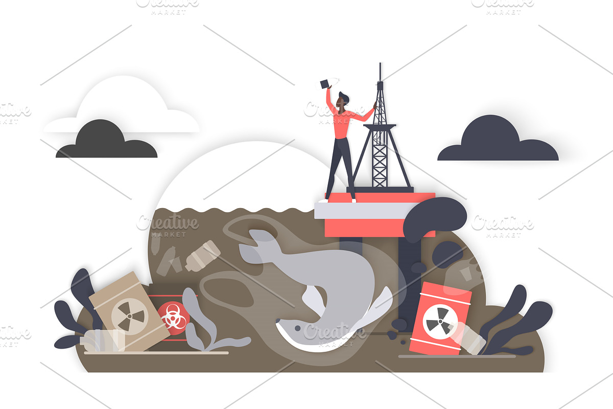 Ocean pollution oil rig impact, an Illustration by Lemberg Vector