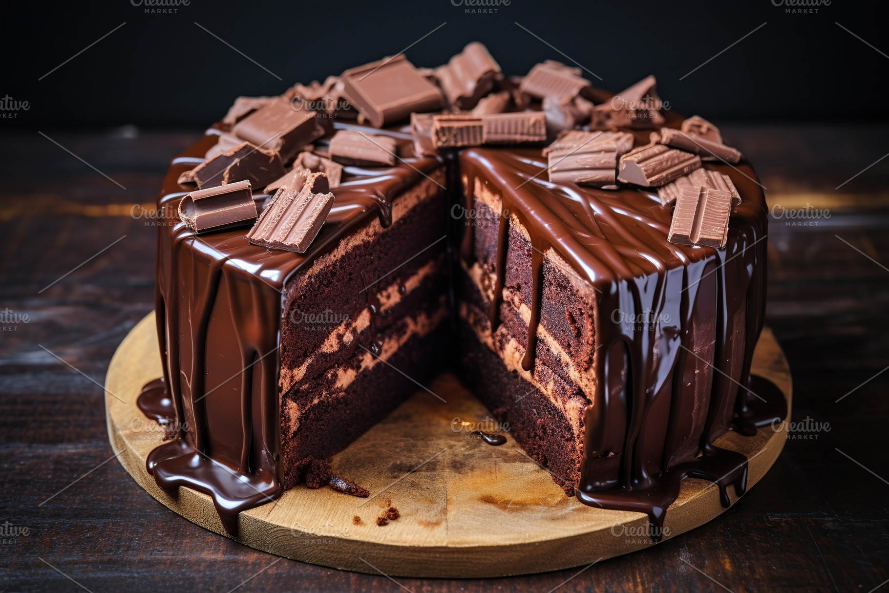 Chocolate cake with chocolate bars on wooden table, a Food & Drink Photo by AlyaAnd