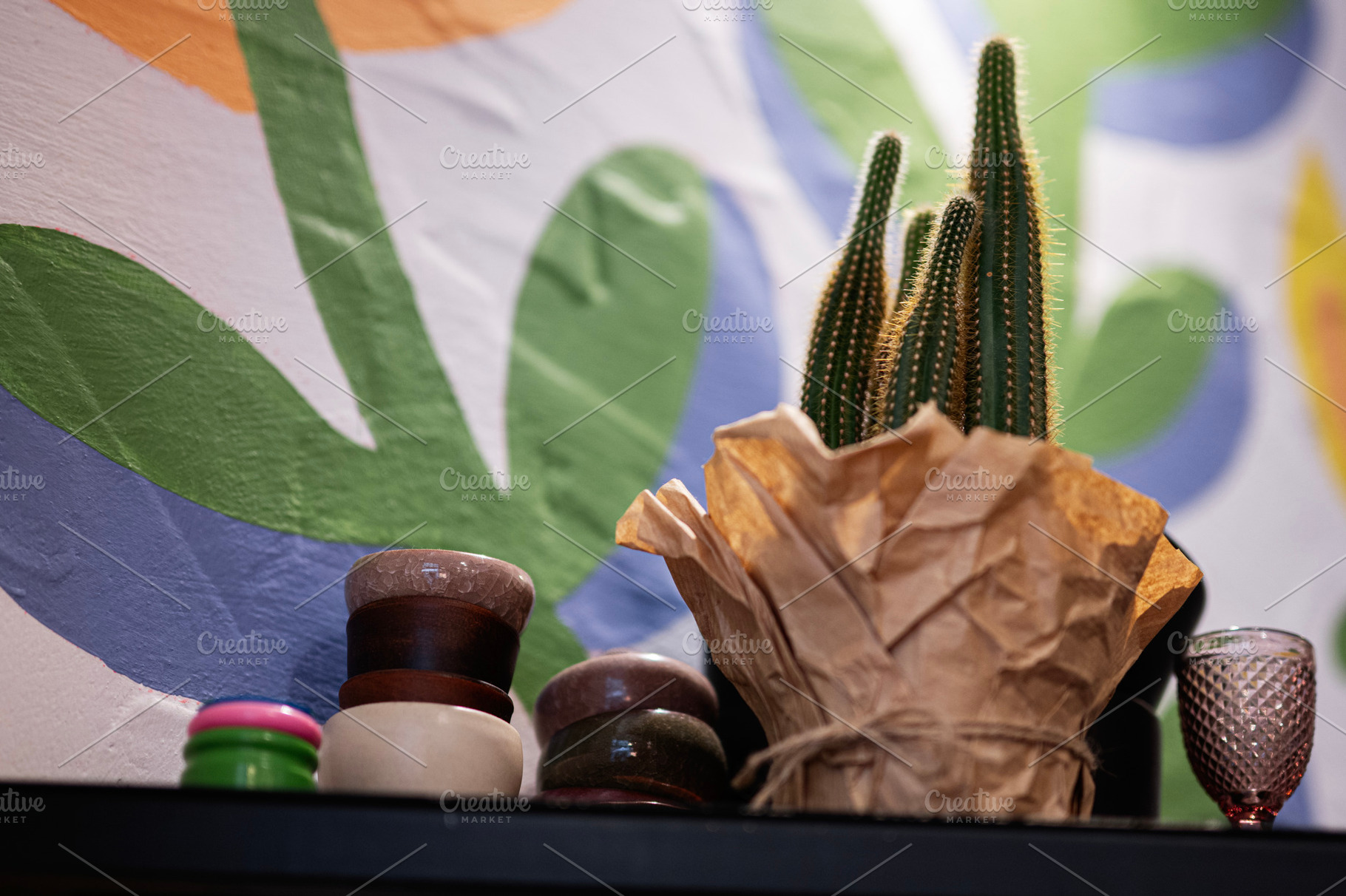 Decorative potted cactus on a shelf with colorful painted wall art, a Photo by AS photostudio