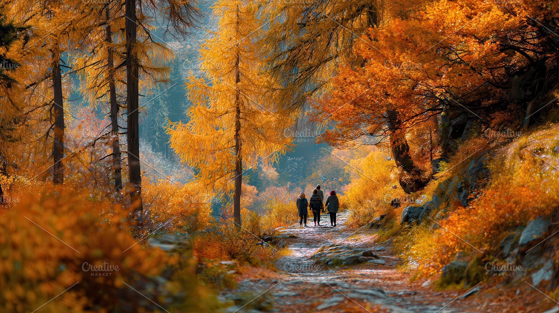 People walking along a scenic forest, a Photo by Pavel_design