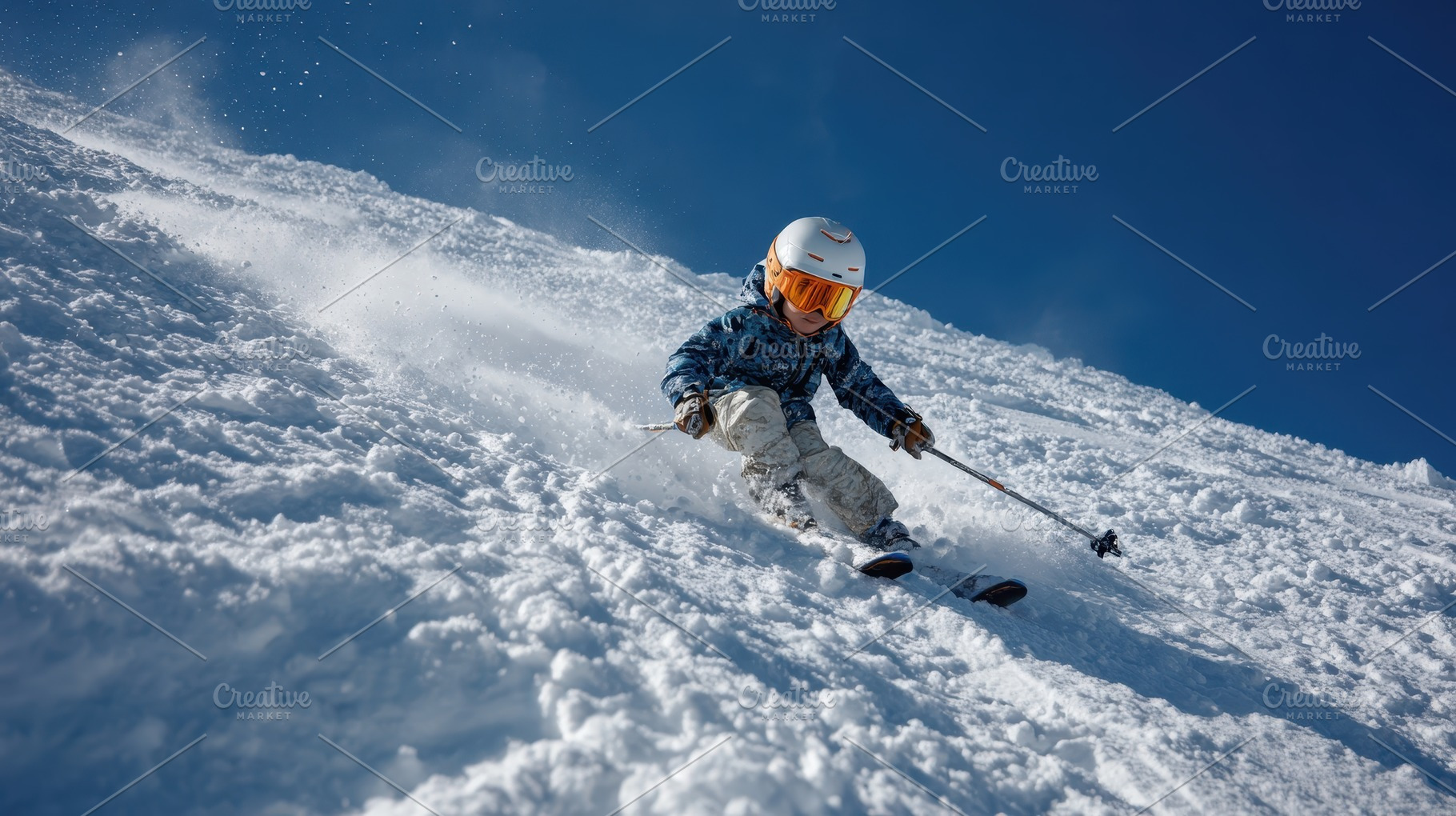 Child skiing down snowy mountain slo, a Photo by Pixeness Studio