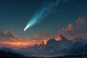 Fiery meteor streaks through twilight sky above snowcapped mount, a Background Photo by José Manuel Gelpi