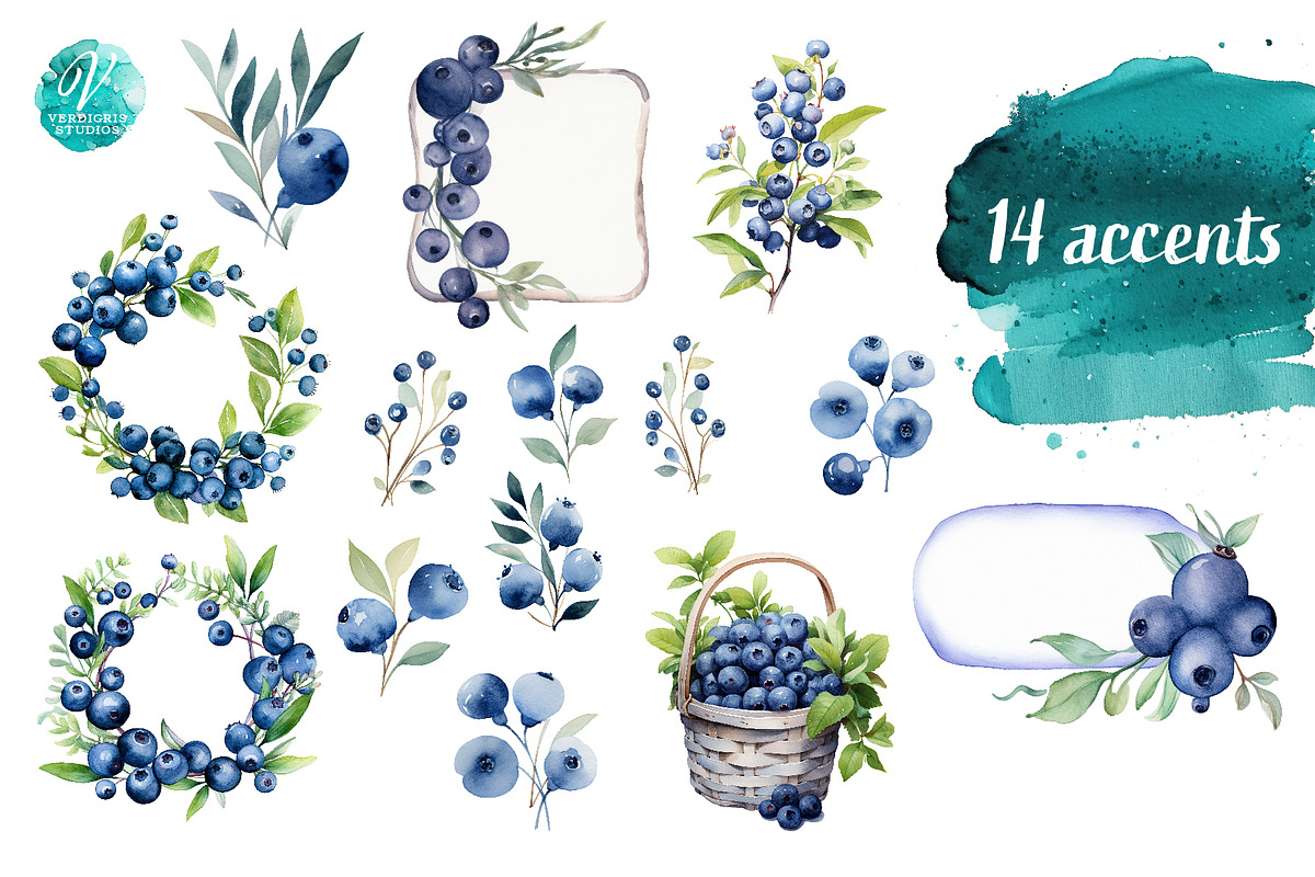 Watercolor Blueberries Clipart, a Food Illustration by Verdigris Studios (Photo 2 of 3)