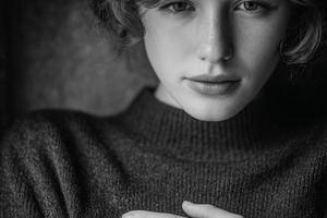 Black and white portrait of a serene woman in soft lighting indoors, a Photo by AS photostudio