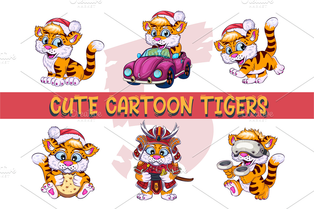 Set of Cute Cartoon Tigers., an Animal Illustration by KENO Mascots (Photo 1 of 7)