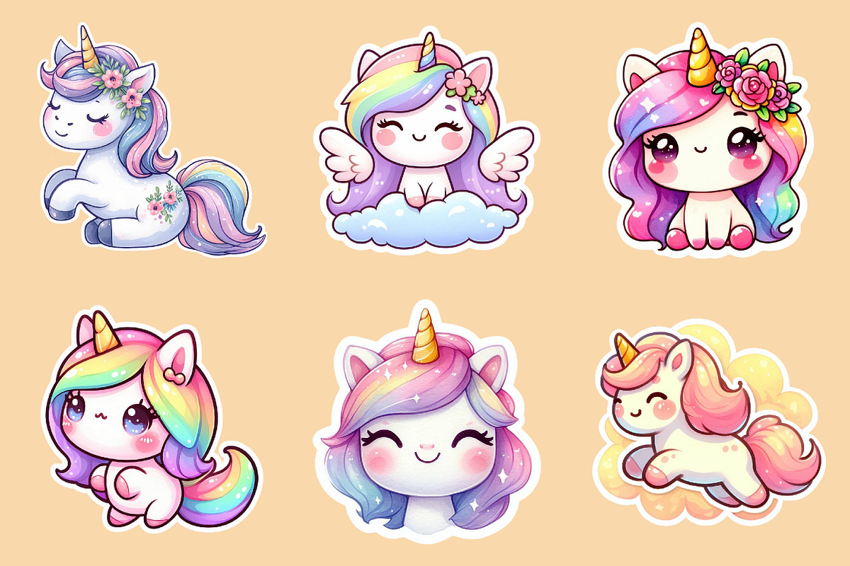 Kawaii Unicorn Stickers Clipart, an Illustration by Creative Art (Photo 7 of 9)