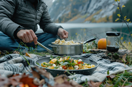 Man cooking outdoors enjoying meal b, a Background Photo by Pixeness