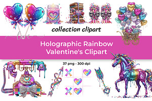 Holographic Rainbow Valentine's Set, a Seasonal Illustration by InkyQueenArt
