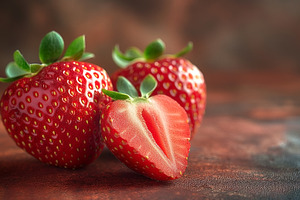 Fresh red strawberries with lush green leaves, showcasing their, a Food & Drink Photo by ImageMir