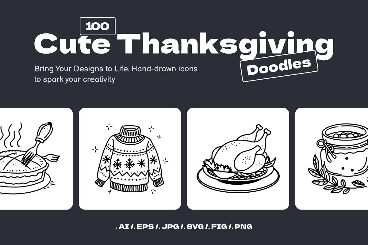 Cute Thanksgiving Doodles Set, an Outline Icon by Brickclay (Photo 1 of 9)
