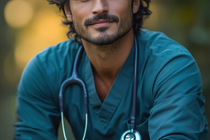 Valeologist. A confident male doctor in scrubs, smiling warmly while sitting ou, a Person Photo by Textures & Backgrounds