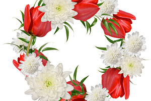 A circular wreath composed of red tulip flowers and fluffy white, a Nature Photo by ndanko