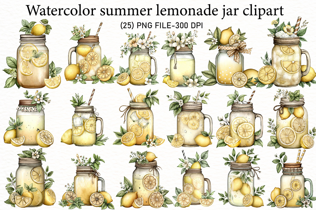 Watercolor summer lemonade jar clipa, an Illustration by Designworld (Photo 1 of 5)