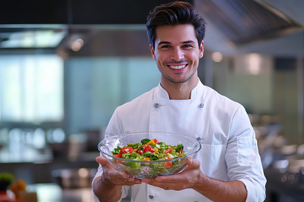 Handsome smiling man holds a bowl of fresh salad in a modern kitchen, a Person Photo by AlyaAnd