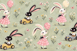 Whimsical pattern of white rabbits in pink floral dresses holdin