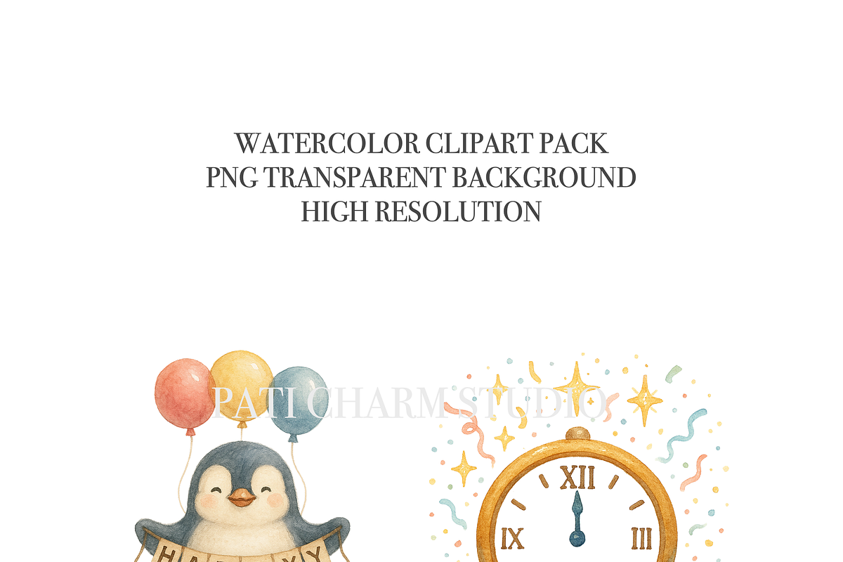 19 New Year Watercolor Clipart, a Decorative Illustration by Pati Charm Studio (Photo 4 of 8)