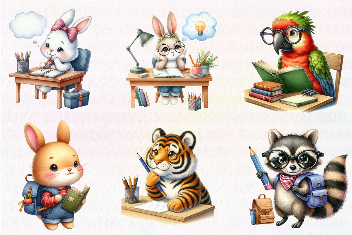 Cute Funny School Animals clipart, an Illustration by CreationArt (Photo 5 of 7)