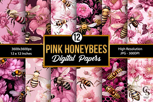 Pink Floral Honeybees Digital Papers