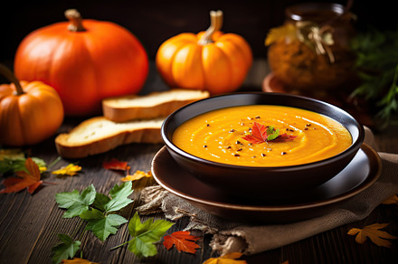 Pumpkin soup in plate with bread, seasonings and orange pumpkins on wooden back, a Food & Drink Photo by AlyaAnd