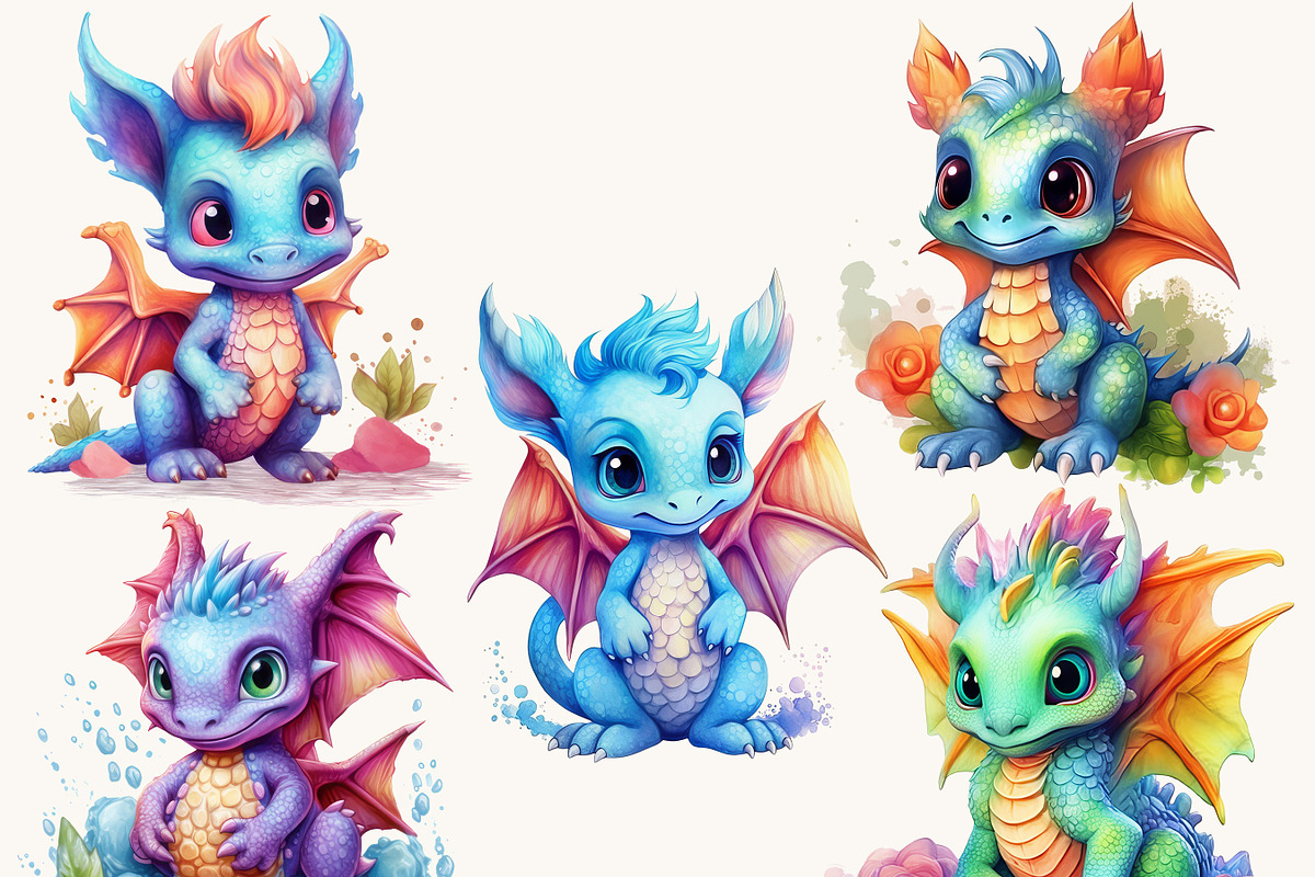 Colorful Baby Dragon Clipart Png, an Animal Illustration by BusyDaydesign (Photo 6 of 9)