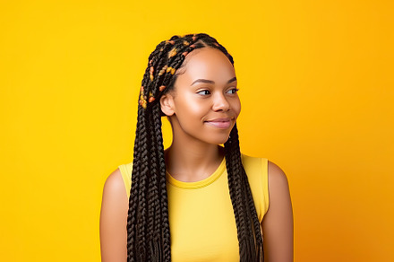 Pretty Afro-American woman with colorful braids on a color backg, a Person Photo by José Manuel Gelpi
