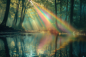 A serene forest scene with sunlight streaming through trees, creating rainbow r, a Photo by Textures & Backgrounds