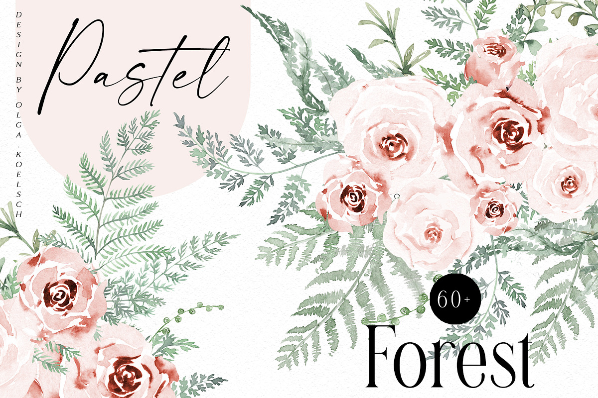 Watercolor Fern and Roses, an Object Illustration by Olga Koelsch (Photo 1 of 15)