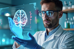 Scientist with brain hologram analyz, a Photo by angellodeco
