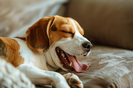 Cozy Beagle Enjoying a Relaxing Yawn on a Comfy Sofa - Generativ, an Animal Photo by José Manuel Gelpi