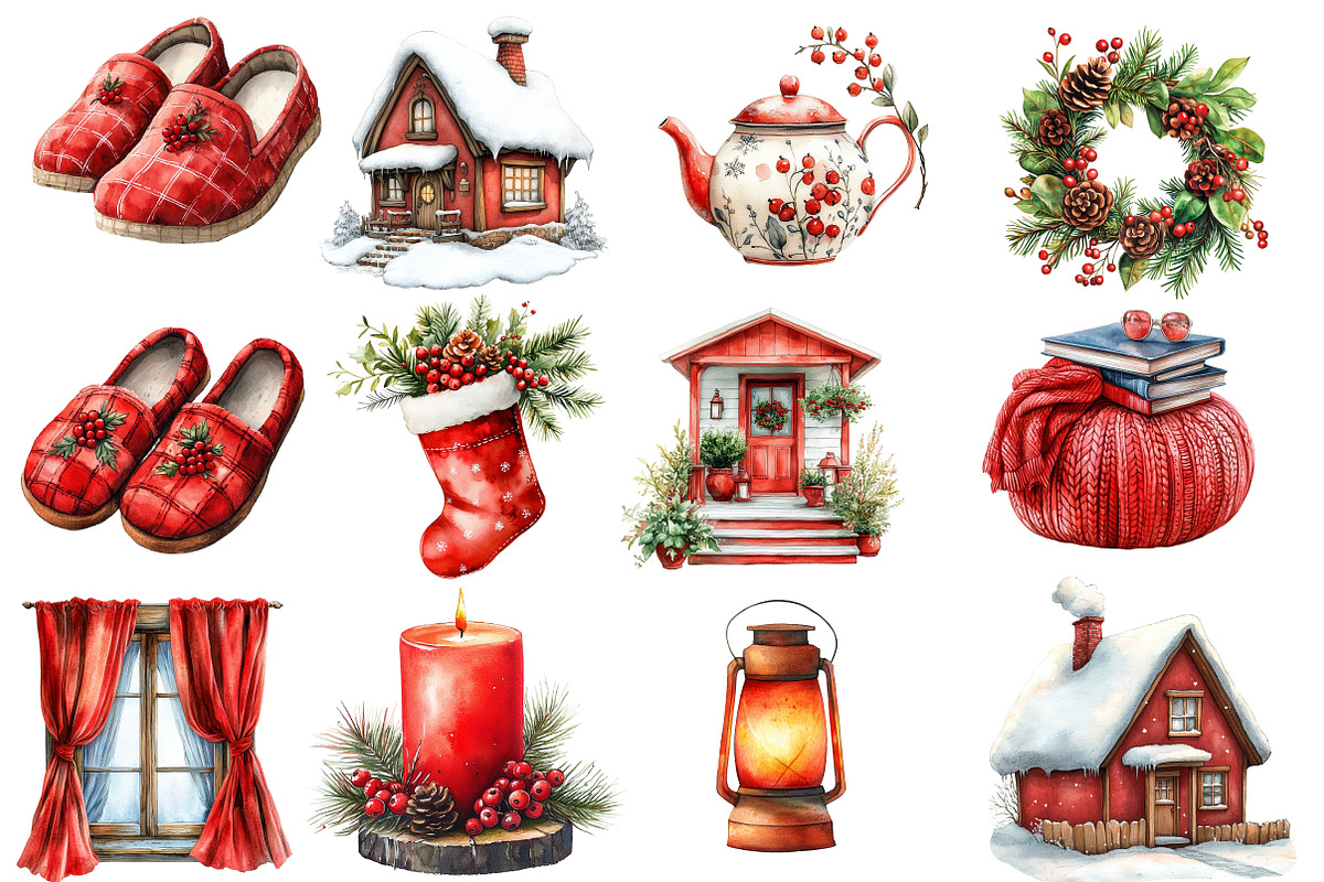 Watercolor Cozy Berry Winter Cottage, an Illustration by Designworld (Photo 3 of 6)