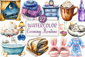 Watercolor Evening Routine Clipart, an Illustration by Craft Nest